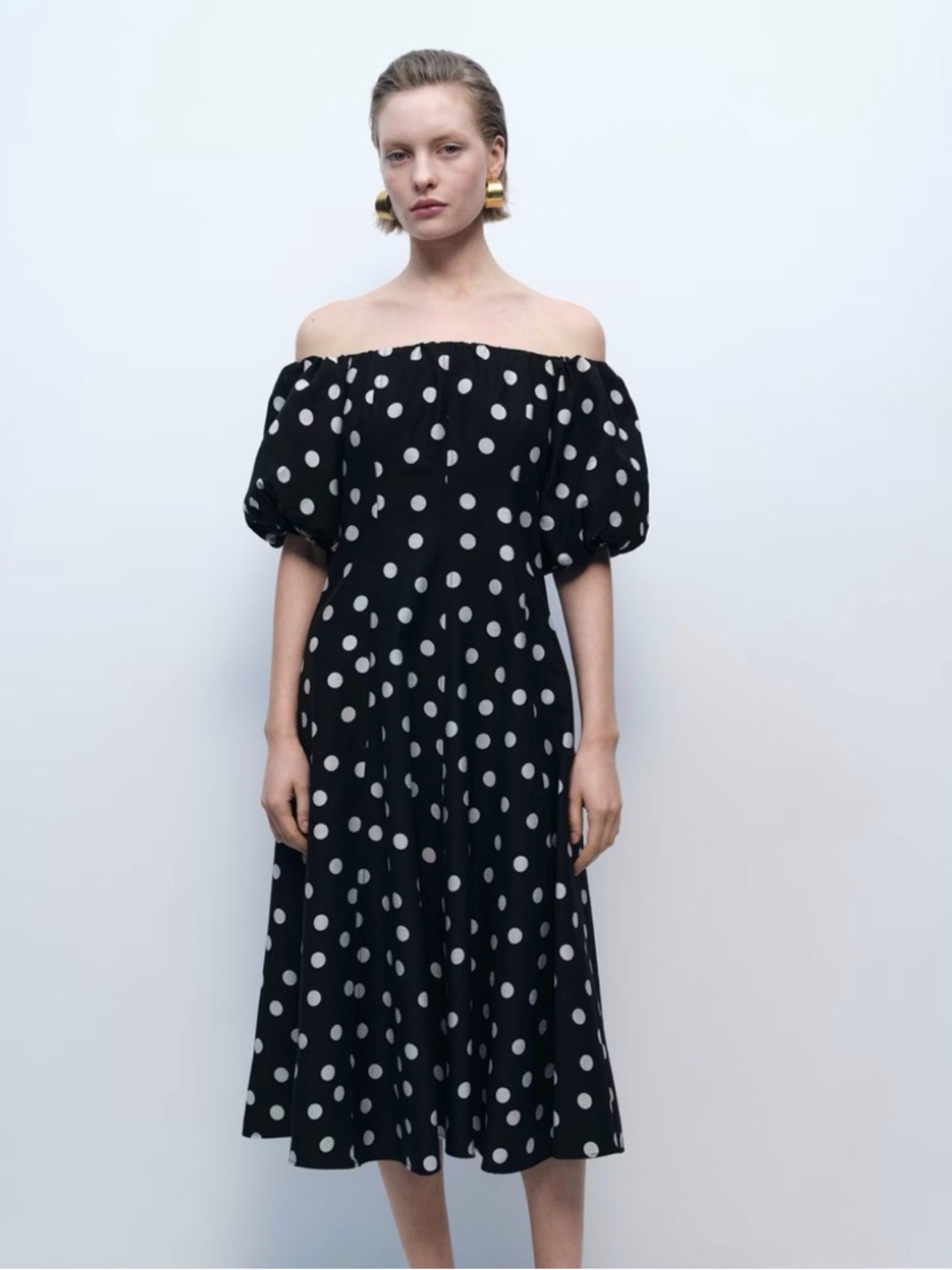Mango Black Midi Dress with White Polka Dots and puff sleeves